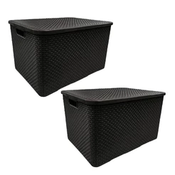 Kit com 2 caixa cesto organizadora com tampa preta rattan 7 litros