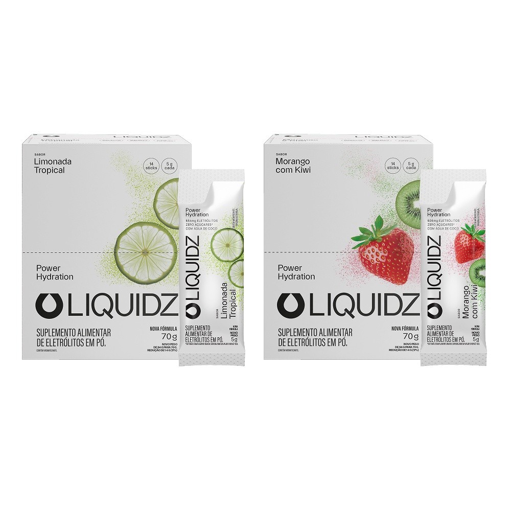 LIQUIDZ® - Eletrólitos Zero Açúcares - Limonada | Morango - Kit 2 Caixas - 28 sa