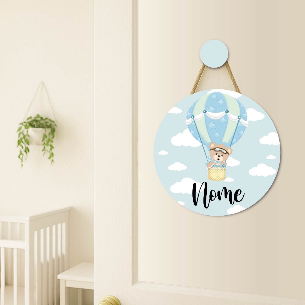 Enfeite Porta Maternidade Ursinho Baloeiro, Balão + Pendurador Incluso, Decoração Quarto Menino