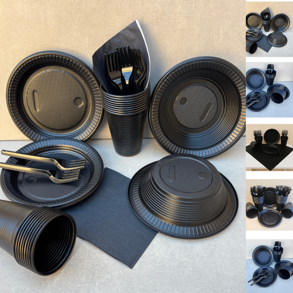 Kit Festa Descartável Preto Perolado - Copos, Pratos, Garfos, Guardanapos, Cumbuca e Toalhas em Oferta na Shopee