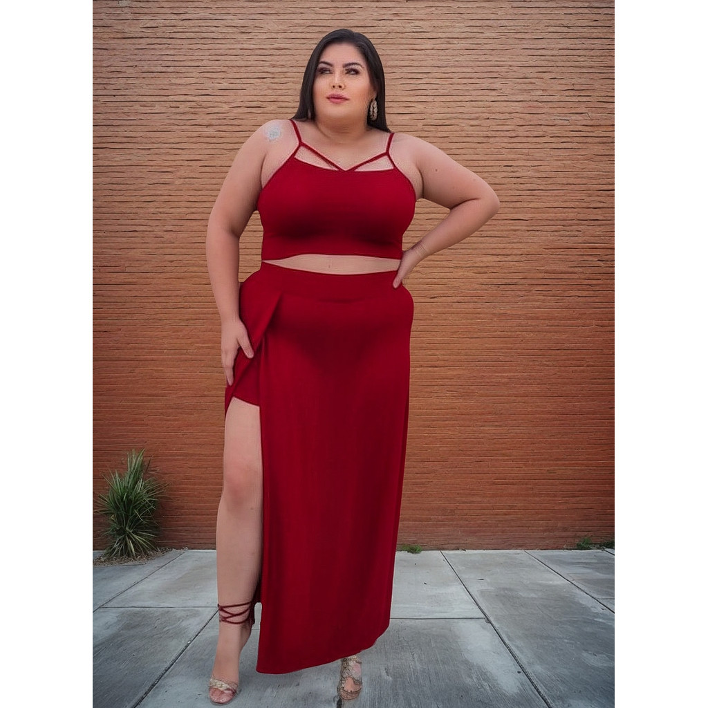 Conjunto Plus Size Saia Longa Com Fenda Shorts Por Baixo + Top Lindo Super Barato