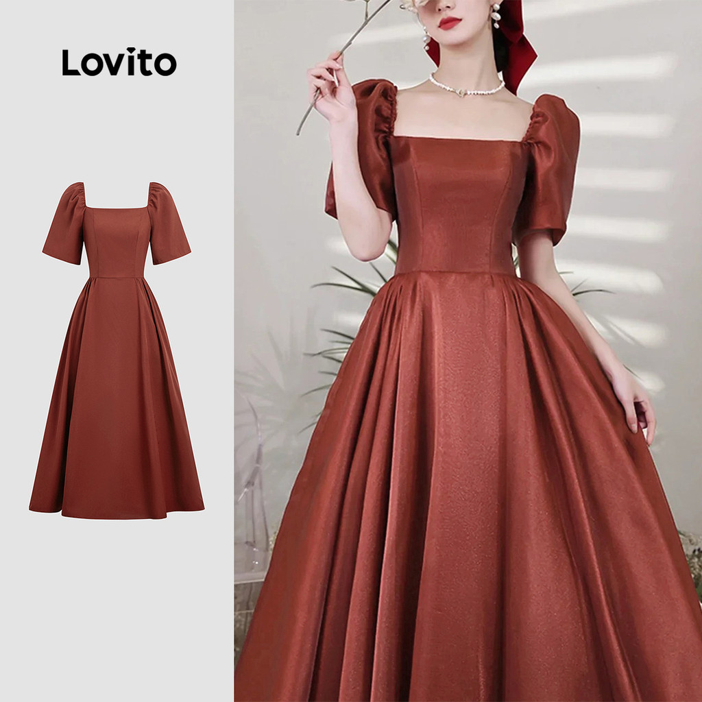 Lovito Vestido Elegante De Festa Plissado Vermelho Para Primavera/verão Para Mulheres L164LD034
