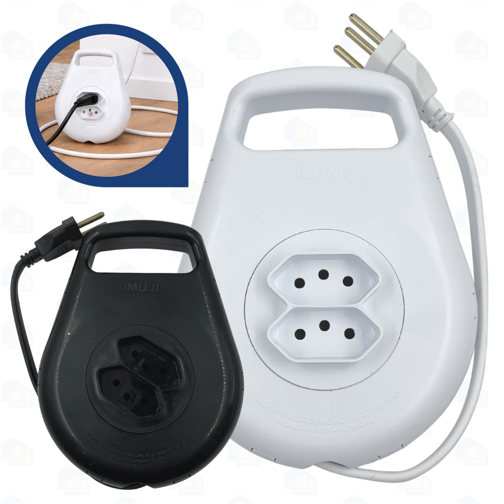 Extensão Elétrica Enrolável 3 Metros 10A Branca/Preta 250V 2 Portas Ilumi