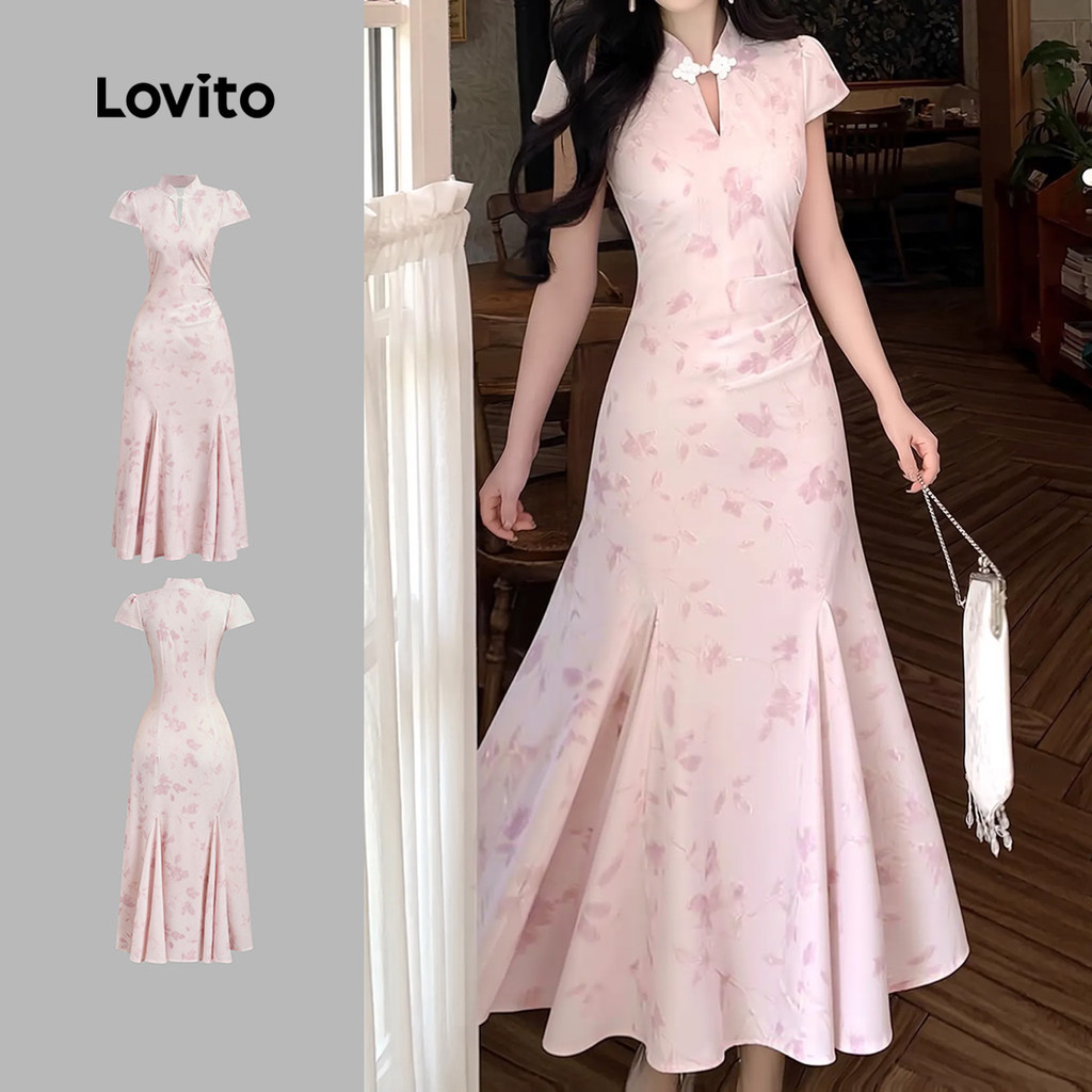 Lovito Vestido Casual Estilo Chinês Cheongsam Qipao Com Zíper Rosa Para Mulheres Ideal Para Primavera/verão L157ED040 em Oferta na Shopee