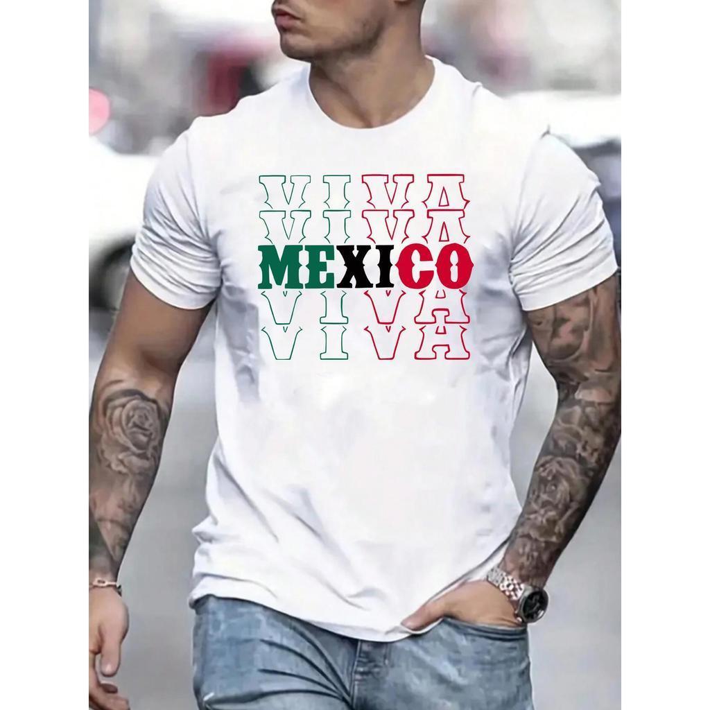 Camiseta Masculina com Estampa da Bandeira do México - VIVA MéXICO em Verde e Vermelho, Tecido Leve e Respirável para Us