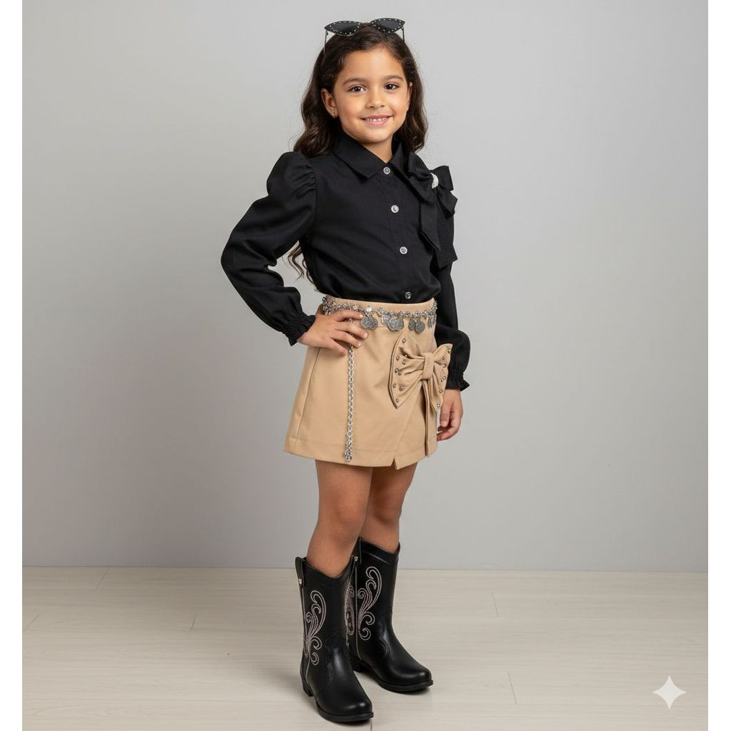 Shorts saia infantil de couro eco para meninas com laço