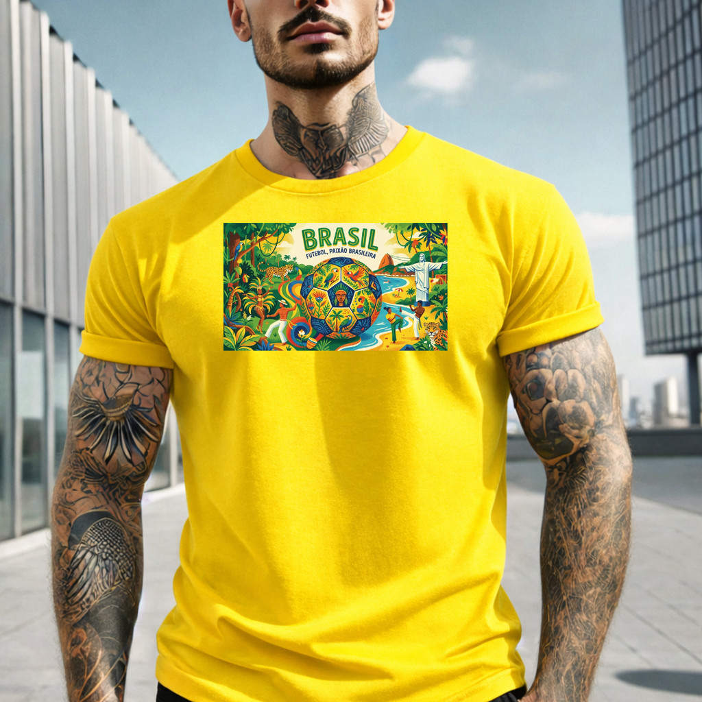 Camiseta Masculina Brasil Copa do Mundo Verde e Amarela Estampada Futebol