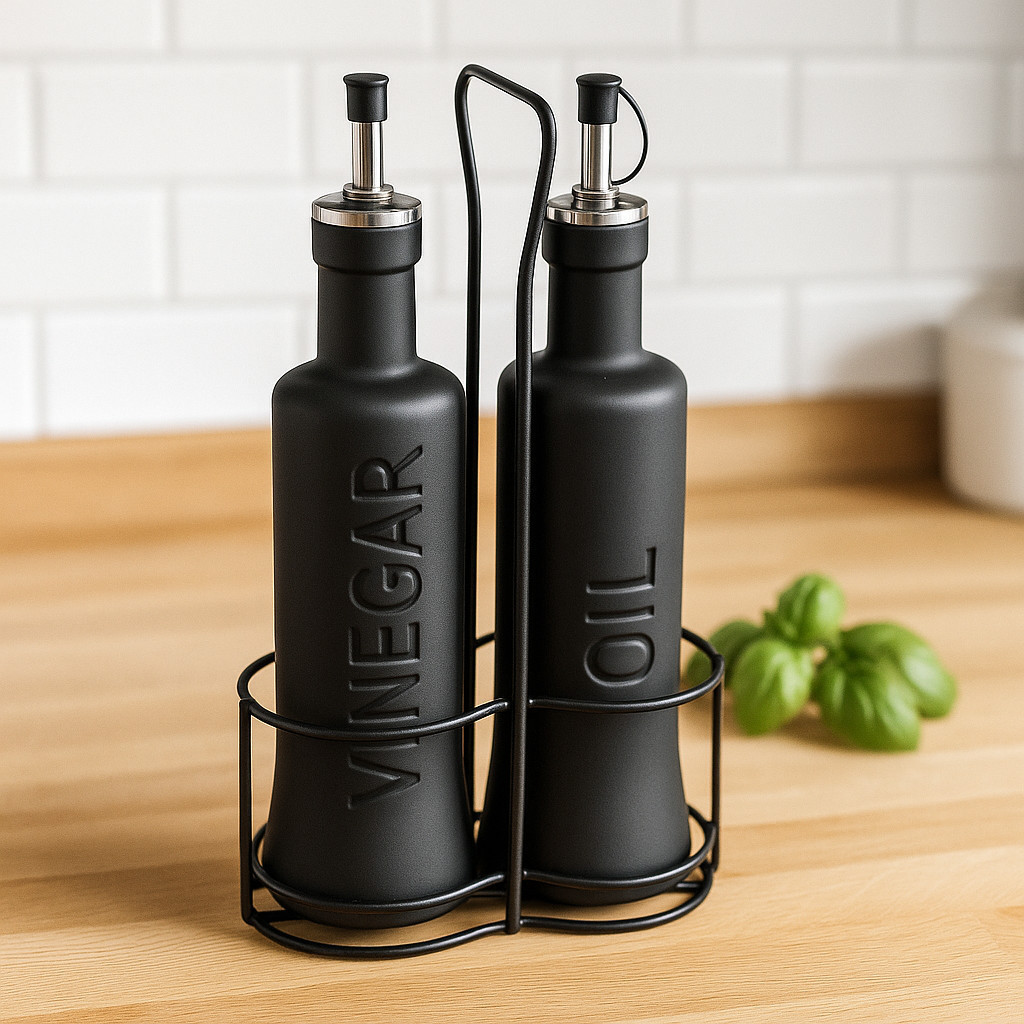 Galheteiro Nero De Vidro Com Suporte Porta Azeite E Vinagre Hauskraft