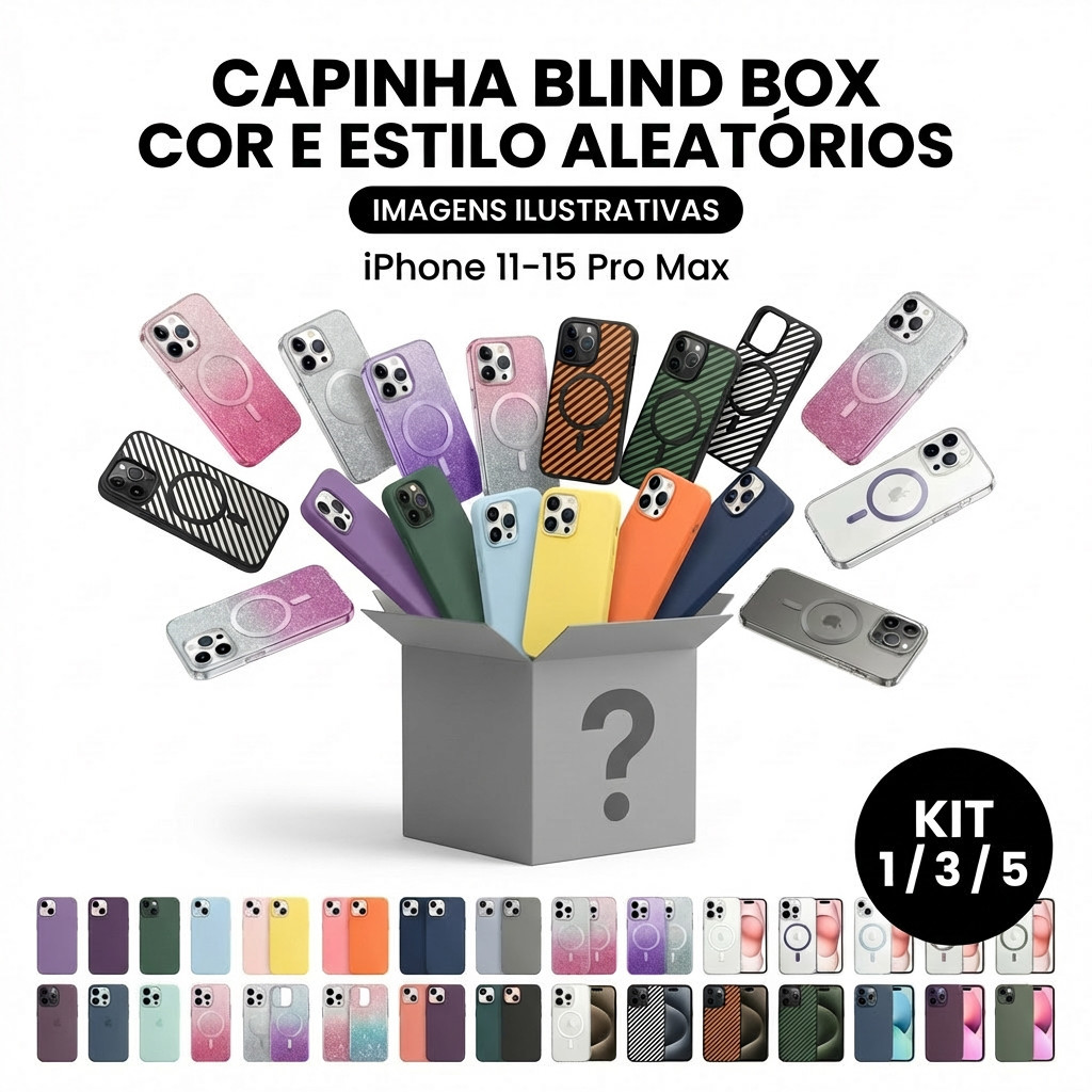 Capinha Blind Box iPhone 11–15 PRO MAX (Todos os Modelos) | Cor e Estilo Aleatórios | Kit 1/3/5