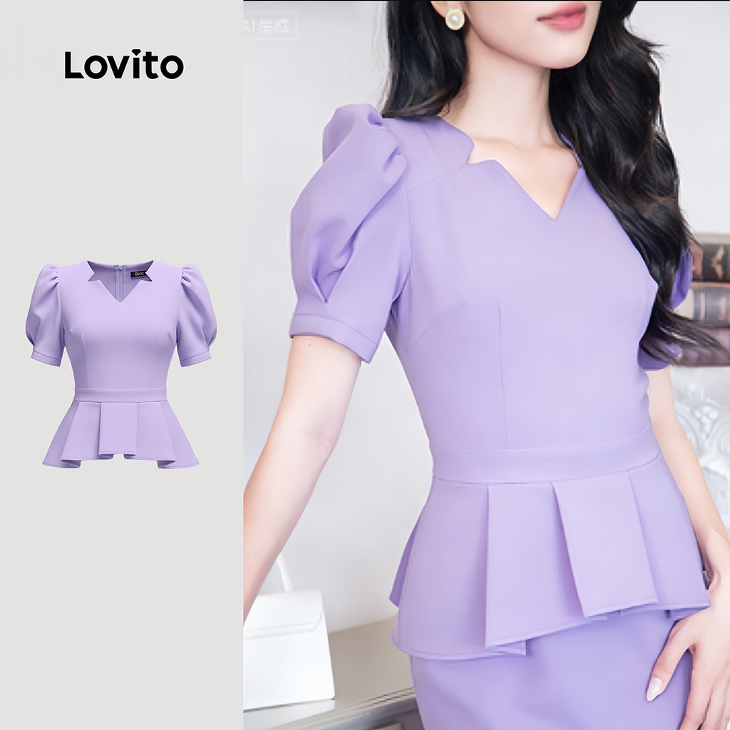 (NEW) Lovito Blusa elegante plissada primavera/verão blusa roxa para mulheres LK3ED188