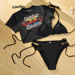 Lovito Férias Conjuntos Com Letras E Recortes Em Malha Conjuntos De Biquíni Verão/primavera Para Mulheres LBL19756