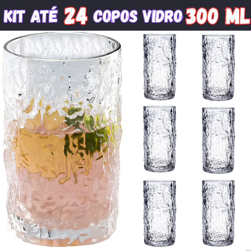 Kit até 24 Copos De Vidro Reforçado Grosso 300ml Para Suco Água Refrigerante Sofisticado