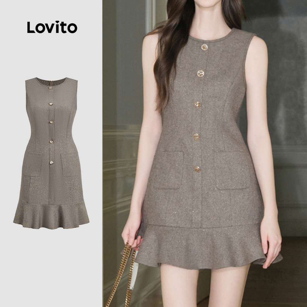 Lovito Casual Vestido De Primavera/verão Com Bolsos Babados Na Barra E Botões Na
