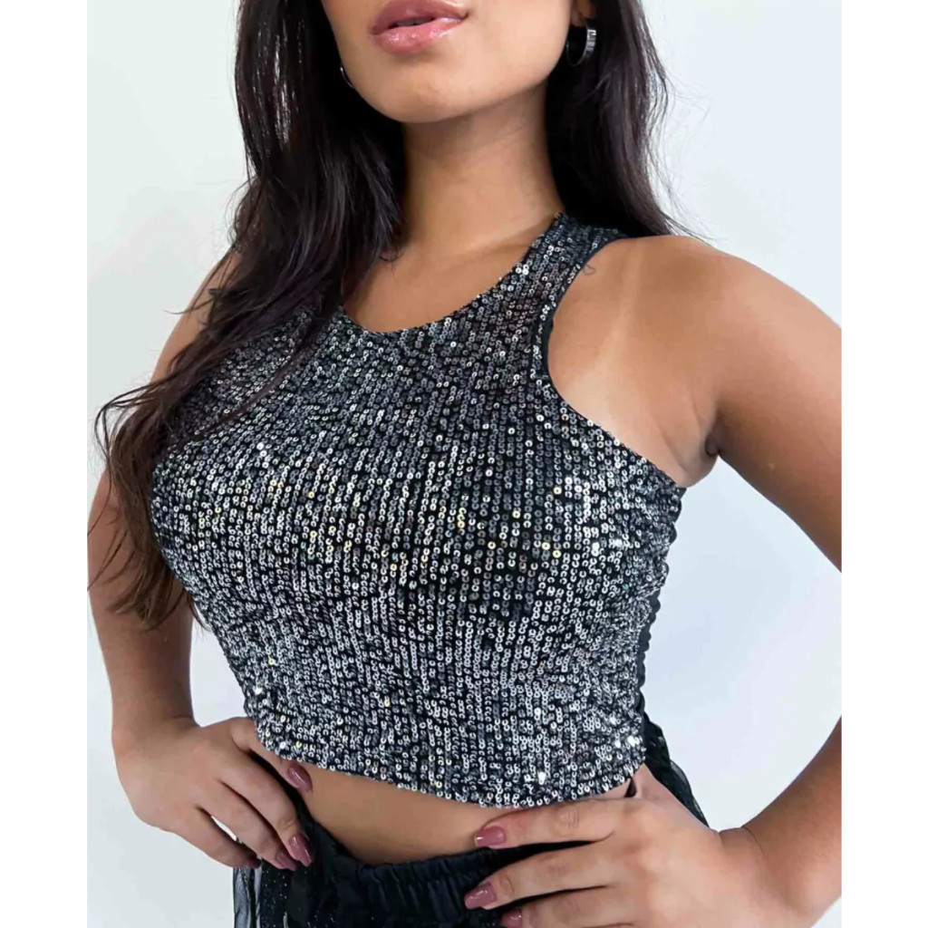 cropped feminino blusa com brilho paete lantejoulas brilhante com bojo festa balada luxo gringa preto prata em Oferta na Shopee