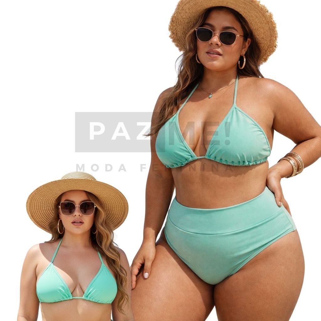 Biquíni Plus Size Cortininha Com Calcinha Cintura Alta em Oferta na Shopee