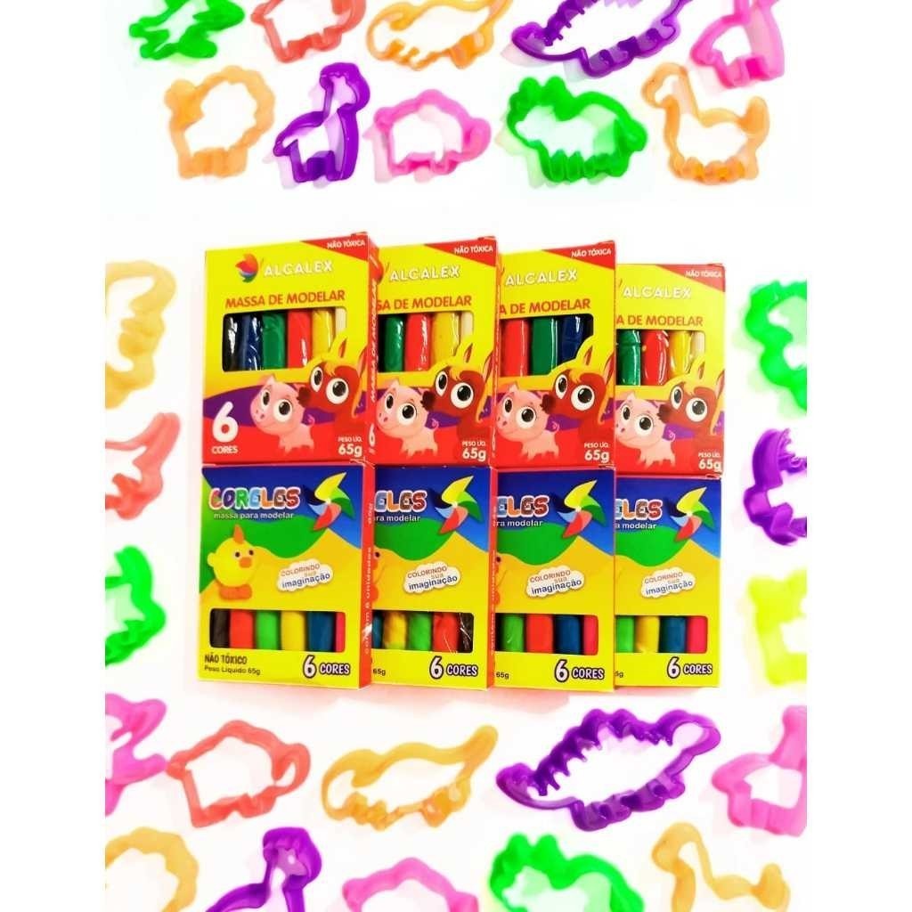 Kit 20 cx Massinha de Modelar 65g Alcalex + 50 Cortador Forminha Molde de Massinha Lembrancinha Prenda em Oferta na Shopee