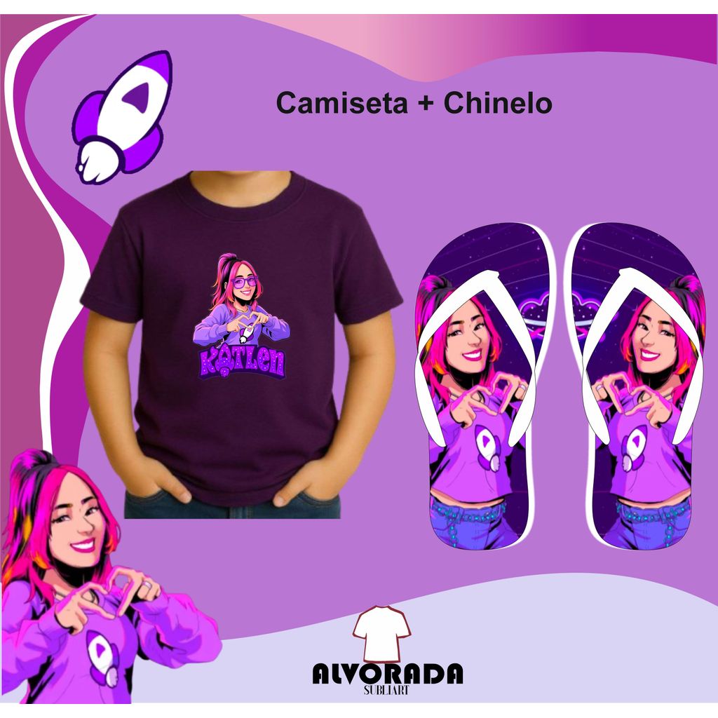 Promoção Katlen Katlenof Ketlen  Kit Infantil Camiseta 100% Algodão + Chinelo Sublimado Youtuber