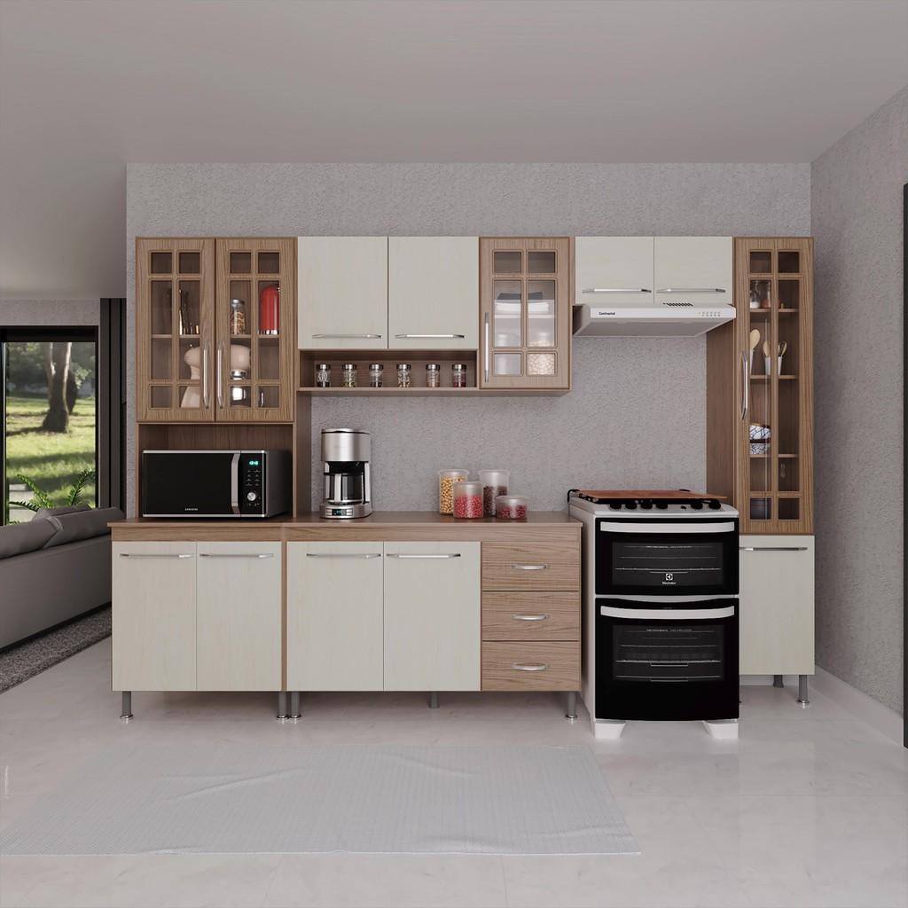 Cozinha Modulada Completa Fidelitá Paris 5 Peças 295 Cm 13 Portas 3 Gavetas Com Tampo Nogal/Salinas