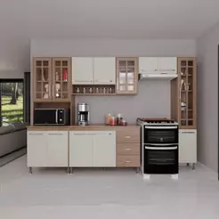 Cozinha Modulada Completa Fidelitá Paris 5 Peças 295 Cm 13 Portas 3 Gavetas Com Tampo Nogal/Salinas