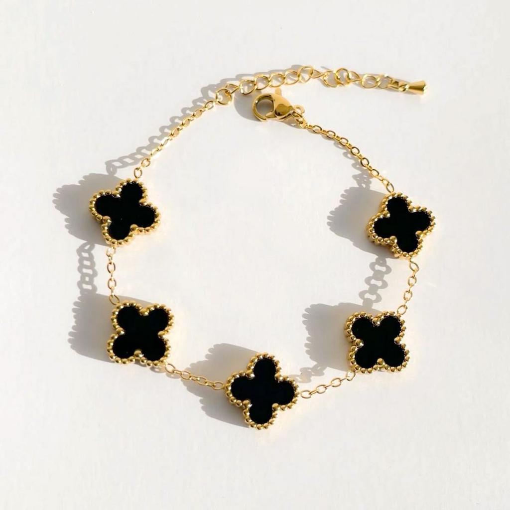 Pulseira Trevo Preto unissex Aço Inoxidável Dourada Ajustável Antialérgica Resistente à Água Delicada Presente Luxo
