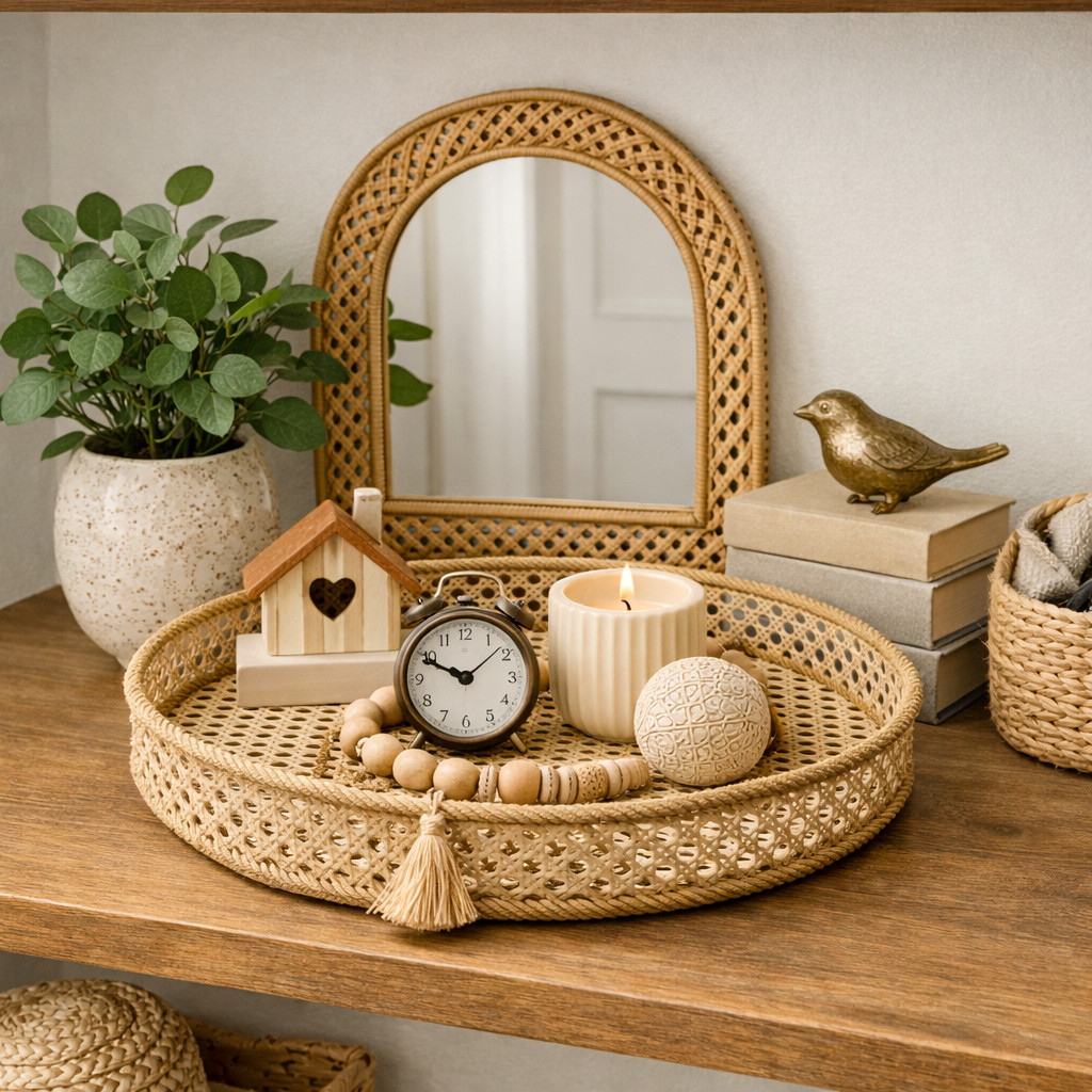 Bandeja decorativa para sala ou banheiro ou quarto estilo vime, rattan, redonda organizador multiuso