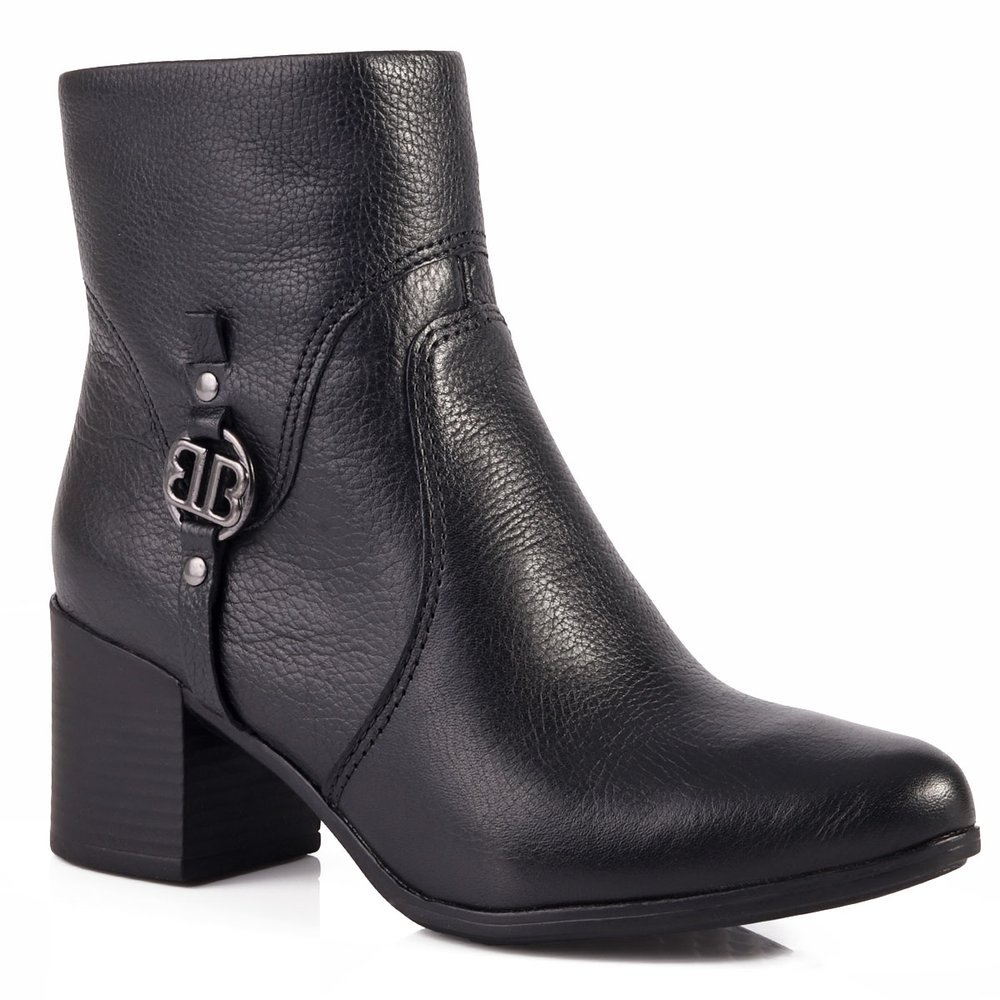 Bota Feminina Bottero Burnish Cano Baixo Couro Preto com Fivela Monograma e Salto Bloco em Oferta na Shopee