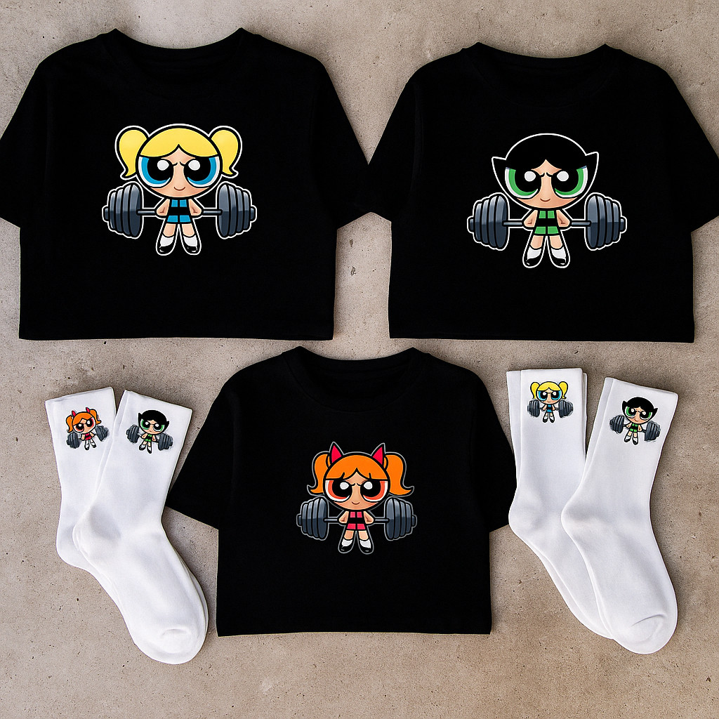 Kit 3 Cropped e 3 pares Super Poderosas Blusinha Camiseta Academia Treino Docinho Florzinha Lindinha Marombas Fitness