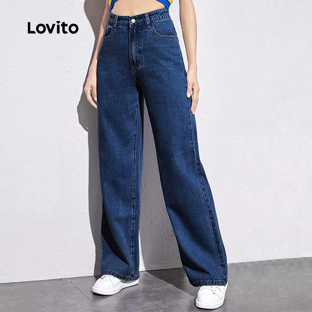 Lovito Calça Jeans Casual Clássica E Versátil Com Zíper Lavagem Especial Para Todas As Estações Para Mulheres LNE121021 em Oferta na Shopee