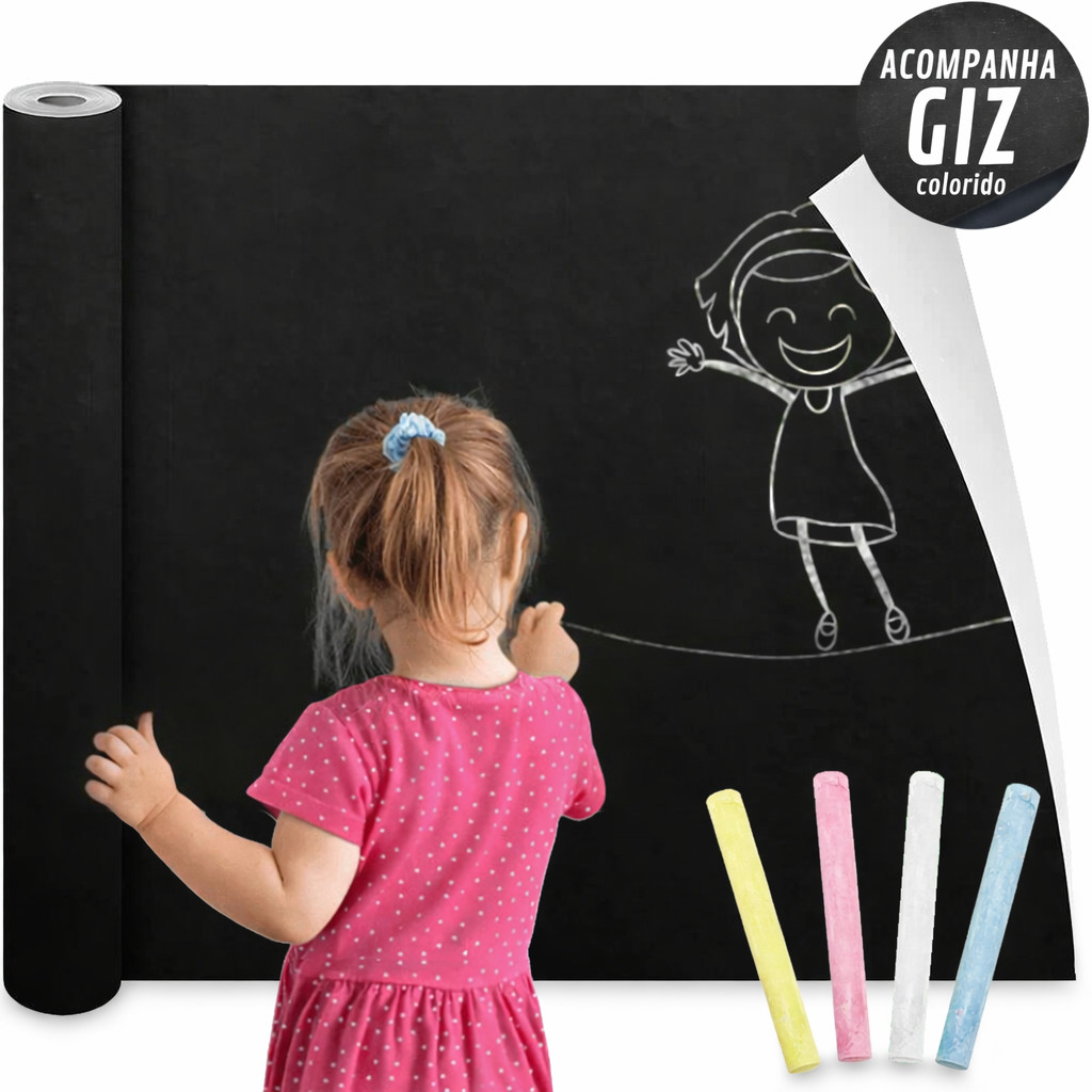Adesivo de Lousa Parede Quadro Negro Infantil 2 ou 4 Metros Com Giz Colorido de brind