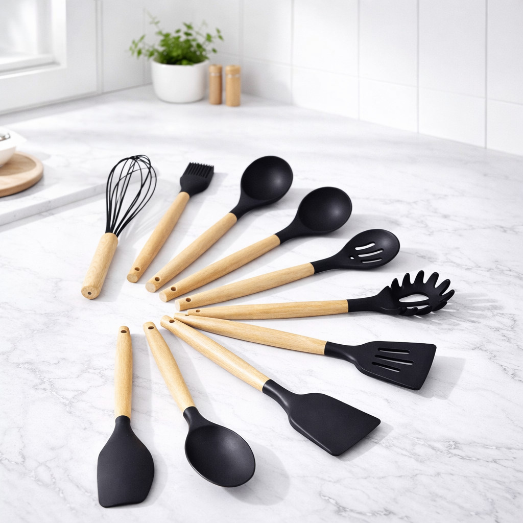 Utensílios de Cozinha Silicone Cabo de Madeira Antiaderente Resistente ao Calor |8831| Novidade