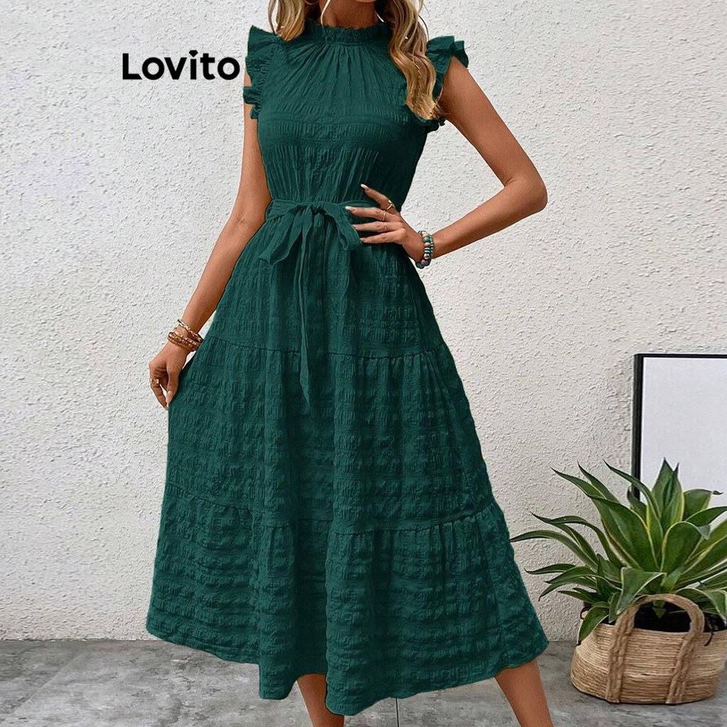 Lovito Vestido Casual Vestido Liso Com Babados Para Mulheres LNL73072 em Oferta na Shopee