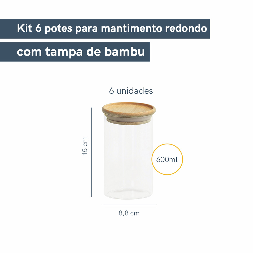 Kit 6 Potes de Vidro Empilhável Hermético Tampa Bambu 600ml Oikos — imagem 2 de 2
