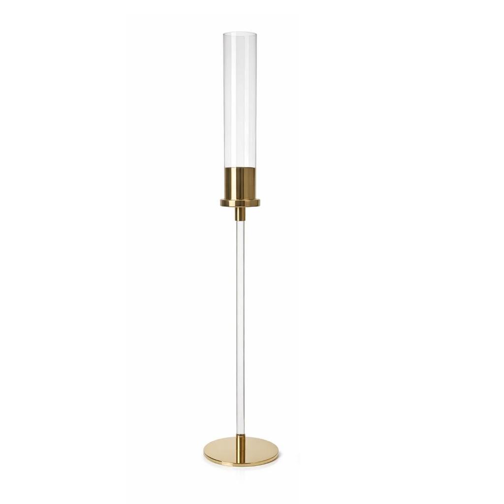 CASTIÇAL  DE VIDRO E METAL DOURADO 65CM C/ DONZELA