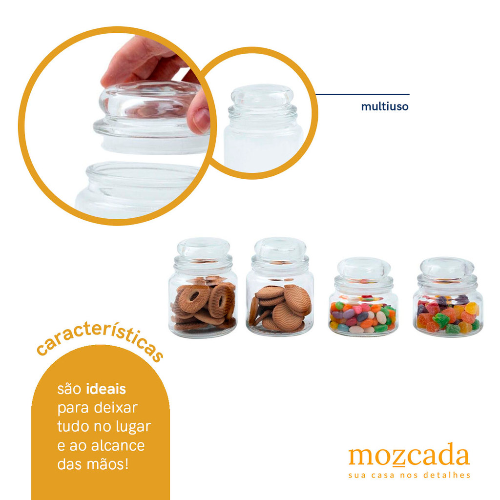 Kit 4 potes de vidro com tampa herméticos redondos 350ml e 500ml - Mozcada — imagem 2 de 2