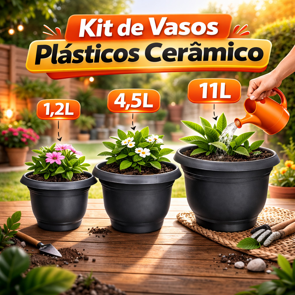 Kit Vaso 1,2L Preto + Vaso 4,5L + Vaso 11L Plástico Jardim Plantas Flores Horta Suculentas Resistente Decoração