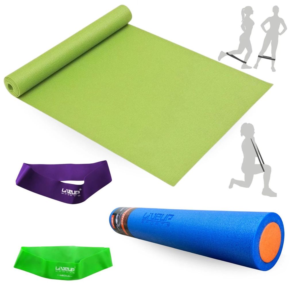 Kit Rolo 90cm para Exercícios + Colchonete Verde + 2 Mini Band Elástico Tensão Média + Super Forte