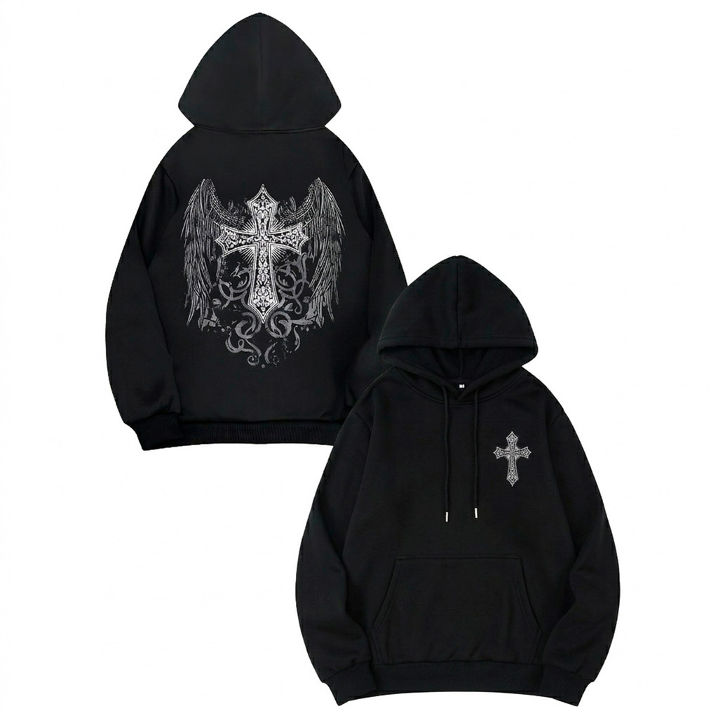 Blusa de frio com Capuz Cruz Gótica Estilo Gótico Casaco Canguru Conforto Quente Inverno Frio Rock