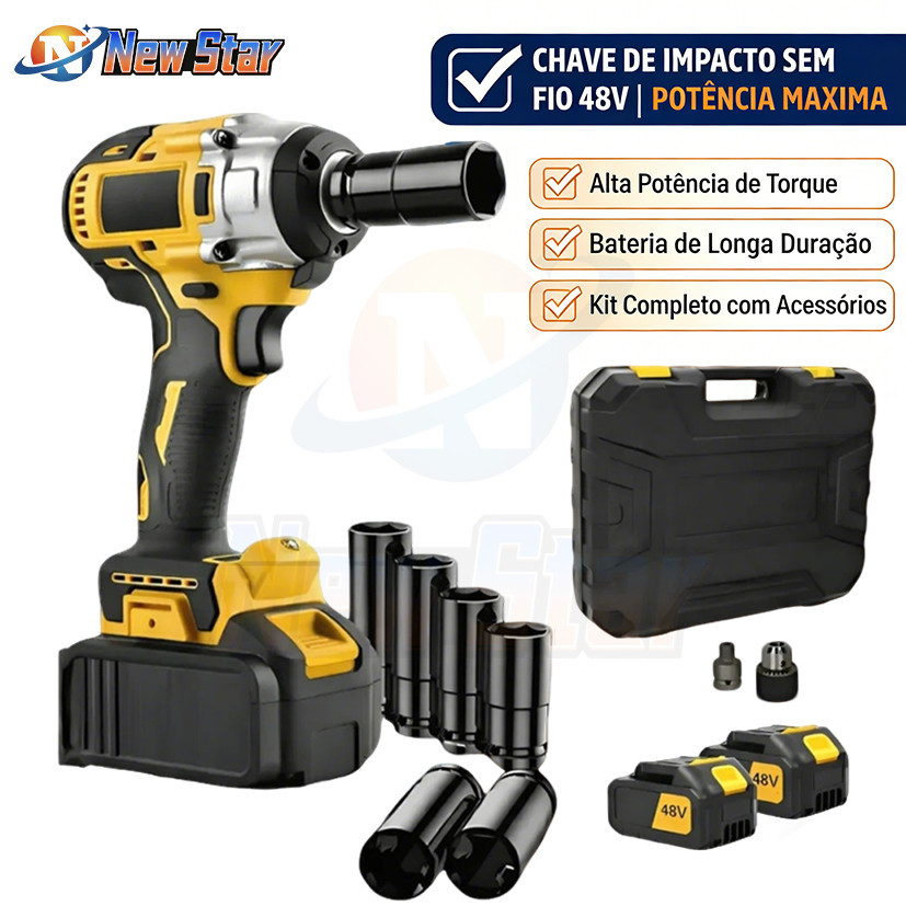 New Star Chave de Impacto 48V 320N·m Sem Fio 2 Baterias Kit Completo 22 Peças para Automotivo e Construção
