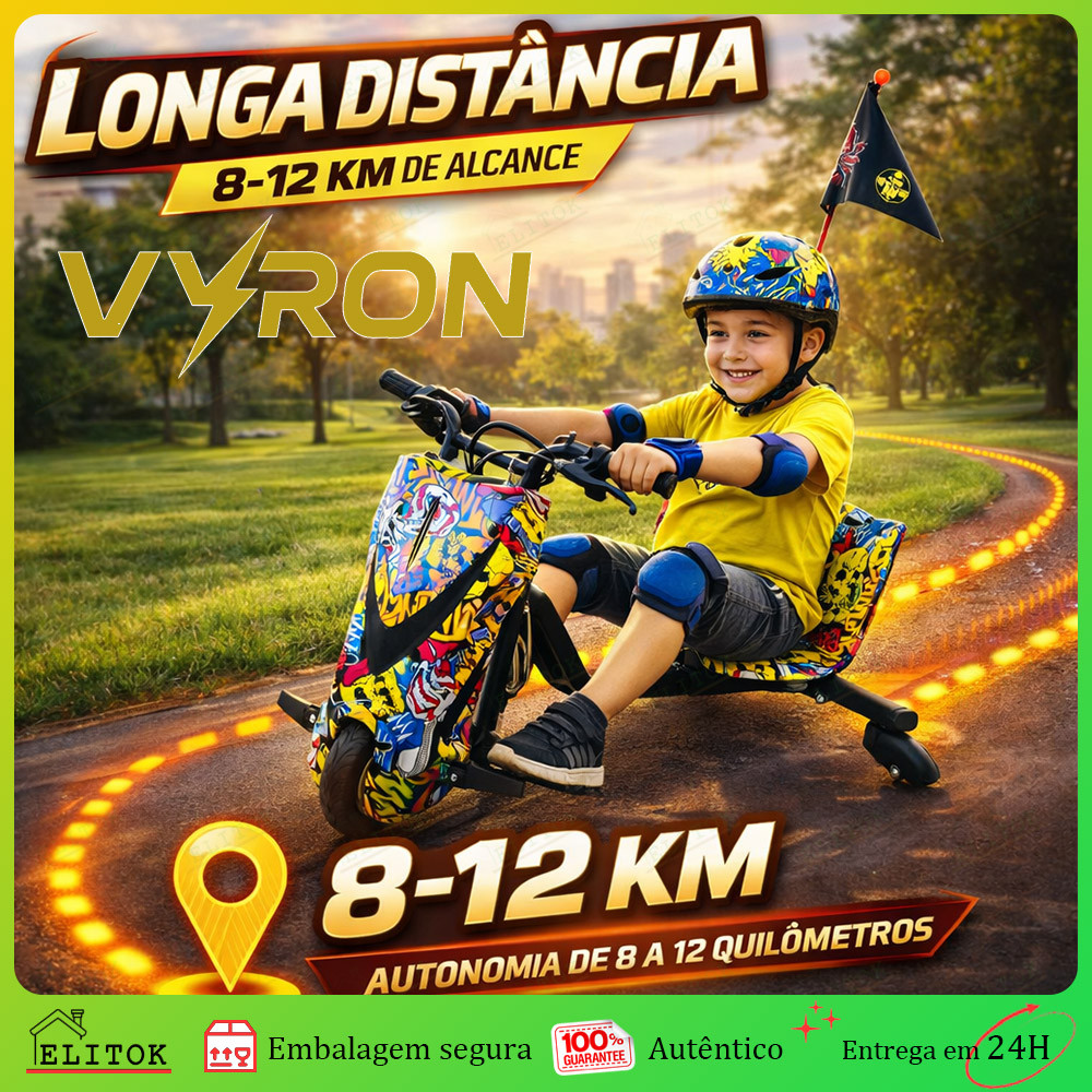 VYRON Triciclo Elétrico Drift Trike 250W LED Bluetooth 3 Velocidades Giro 360° Infantil e Adulto