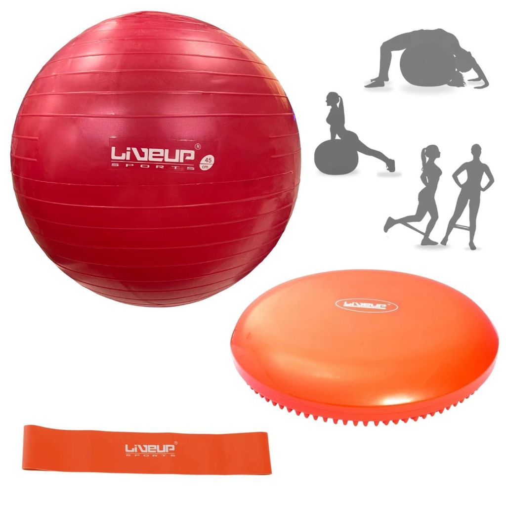 Kit Bola Premium Pilates Vermelha 45 Cm + Disco de Equilíbrio + Faixa Elástica Leve + Bomba Inflar