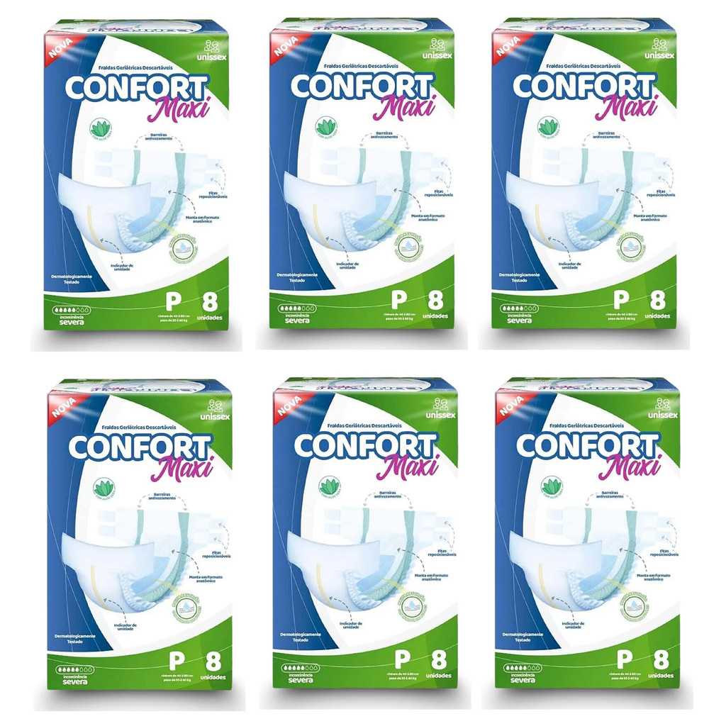 Kit 6 Pacotes Fraldas Geriátricas Confort Maxi P – Alta Absorção P/ Incontinência - total 48 fraldas