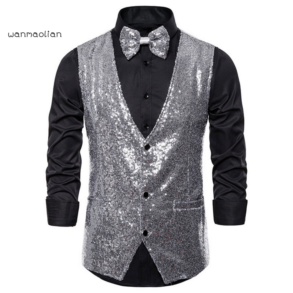 Skin-friendly Men Suit Vest Fashionable Sleeveless Jacket Men's Sequin Bow Tie Set Slim Fit Waistcoat Single-breasted V-