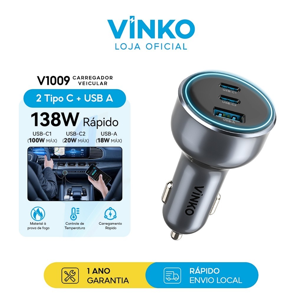 Vinko Carregador Veicular Turbo 138W Universal Carregador para Celular 3 Portas