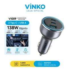 Vinko Carregador Veicular Turbo 138W Universal Carregador para Celular 3 Portas USB-A+Tipo C V1009