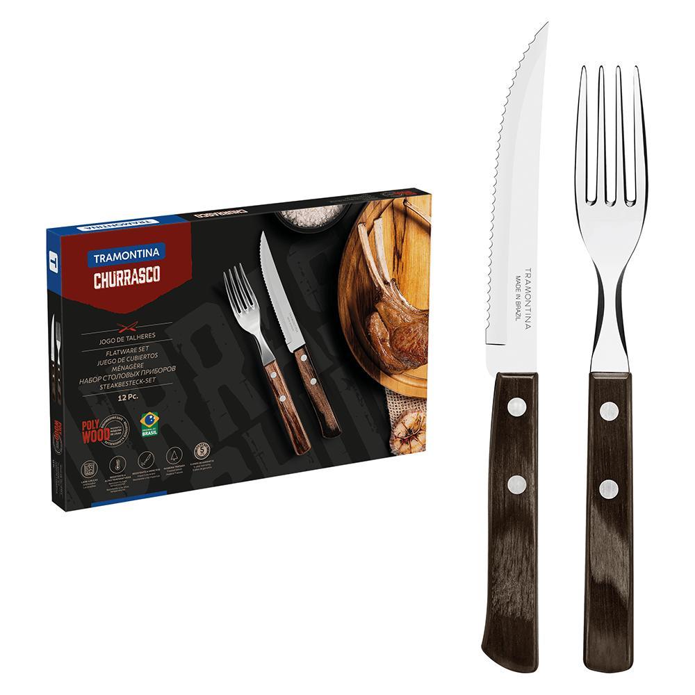Faqueiro Tramontina Churrasco 12 Peças, em Aço Inox com Cabo Polywood Castanho - 21199/903 em Oferta na Shopee