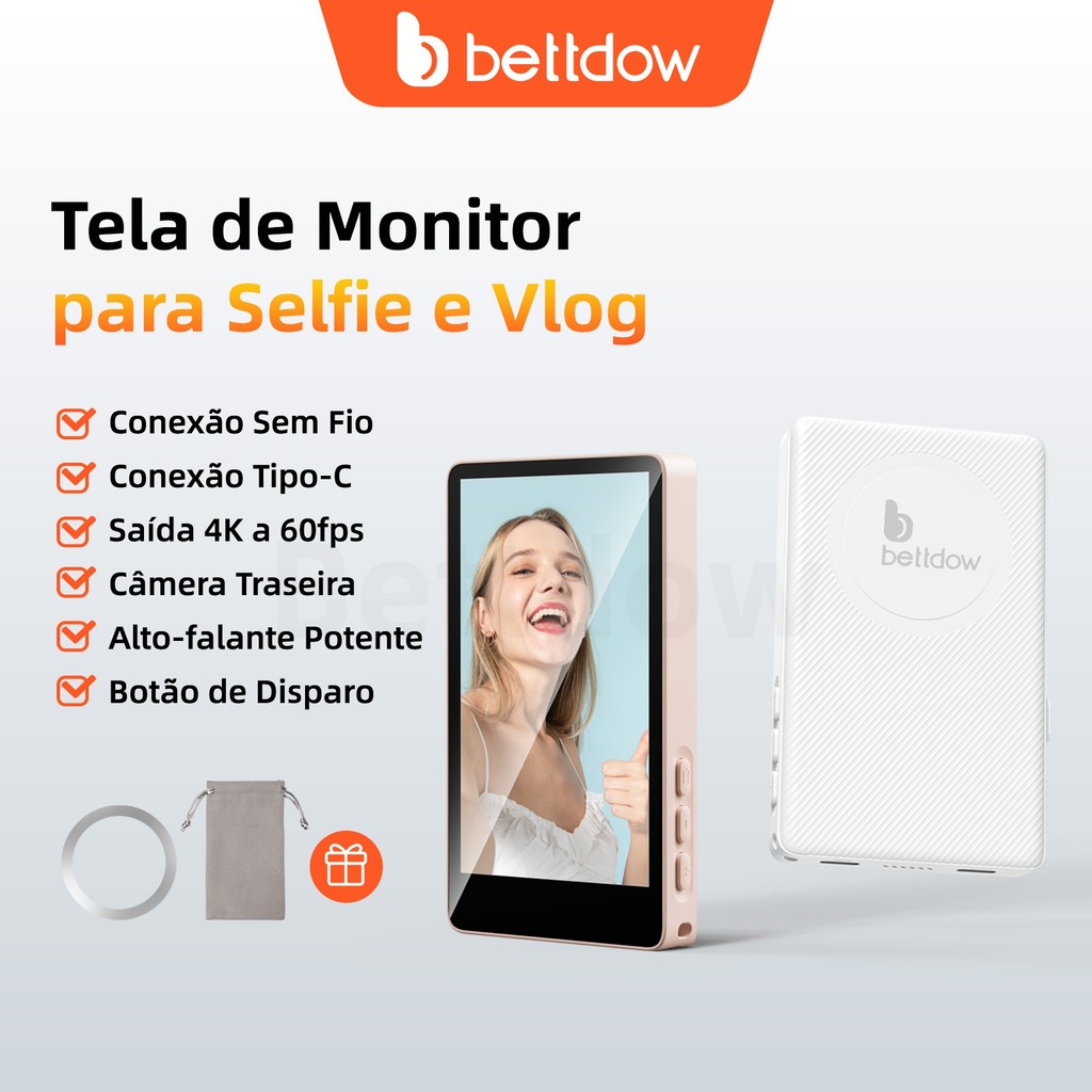 Monitor de selfie sem fio BETTDOW para vlogs com iPhone e Android, tela magnética para selfies e vlogs. em Oferta na Shopee