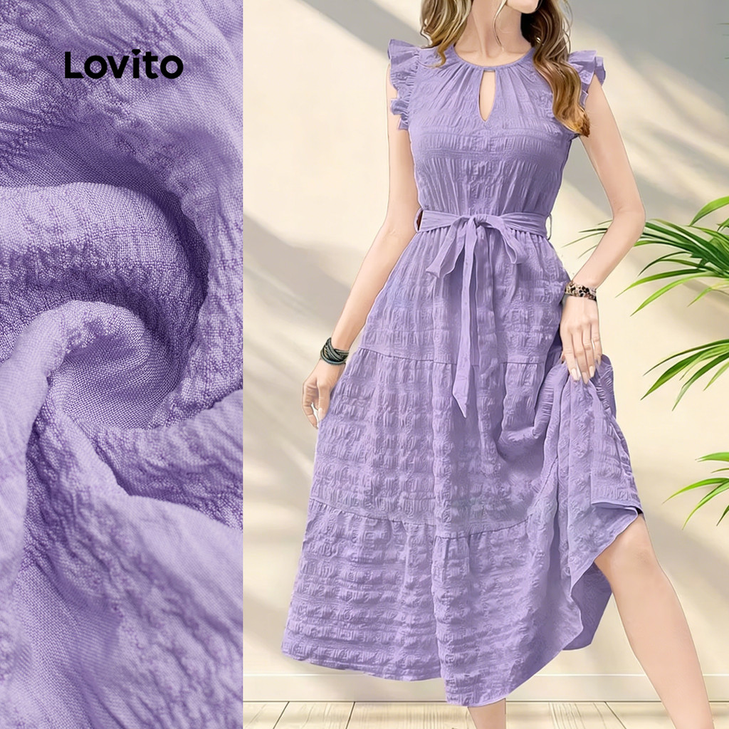 Lovito  Vestido Roxo Feminino Casual com Babados e Amarração Primavera/Verão L177AD334 em Oferta na Shopee