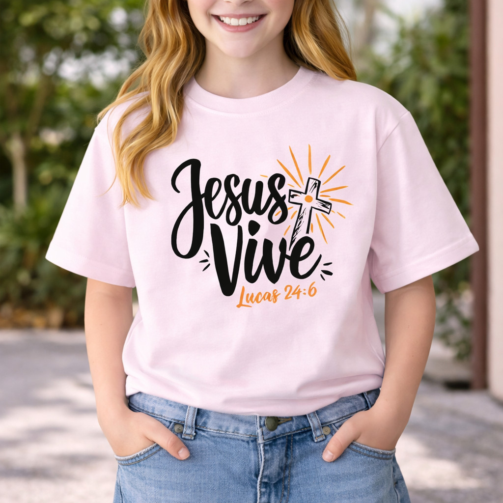 Camiseta Infantil Feminina Jesus Estampa Delicada Roupa Cristã Menina Algodão Confortável Manga Curta Look Casual Fofo