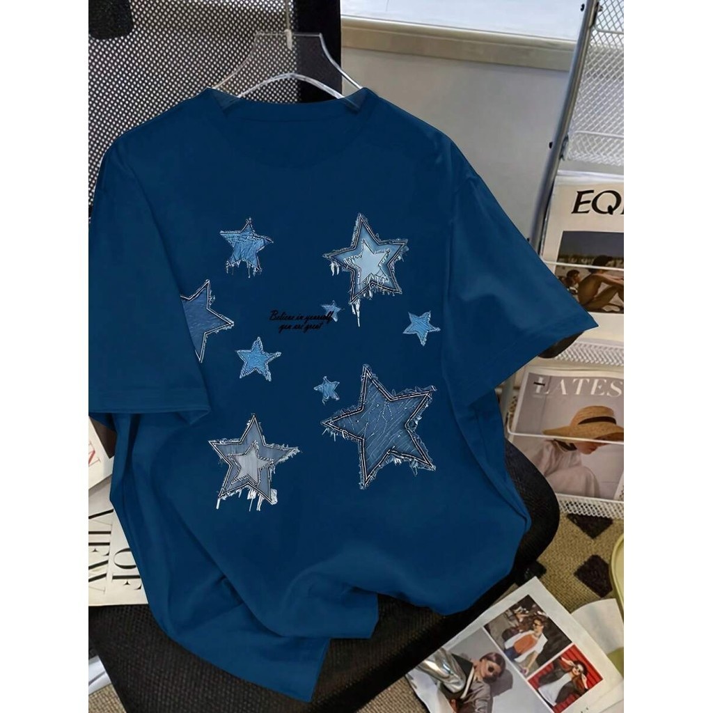 Camiseta Feminina Estilosa Estampada Estrelado - Camisa de Malha 100% Algodão - Envio Imediato - DR Bigorna - Estilo Dro