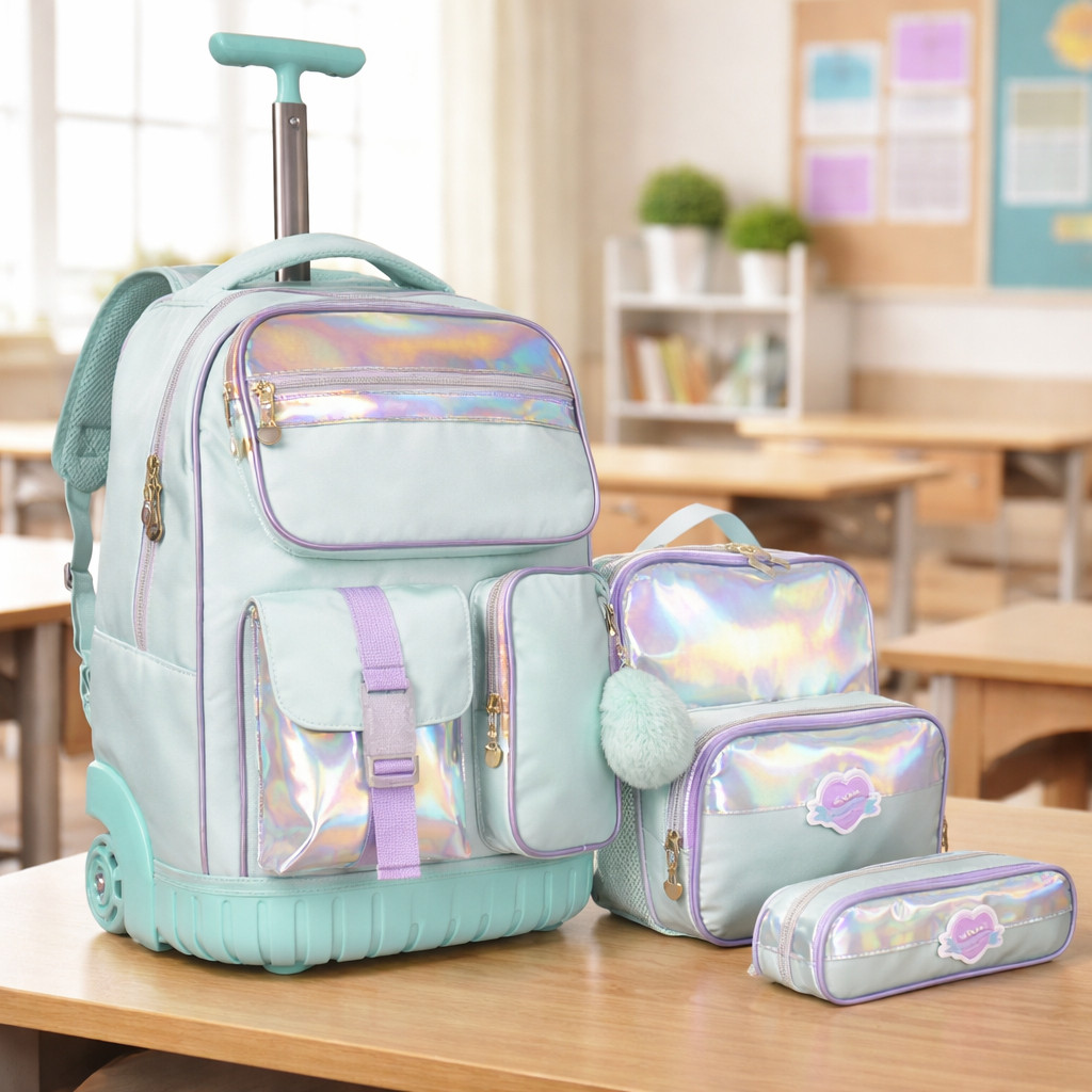 Kit Mochila Escolar Feminina C/ Rodinhas Fashion Holográfica